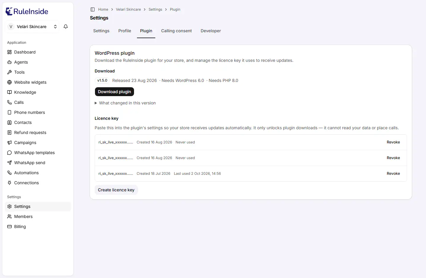 The Plugin tab in Settings, with the download and the licence key list