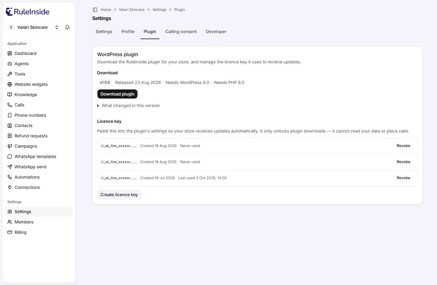The Plugin tab in Settings, with the download and the licence key list