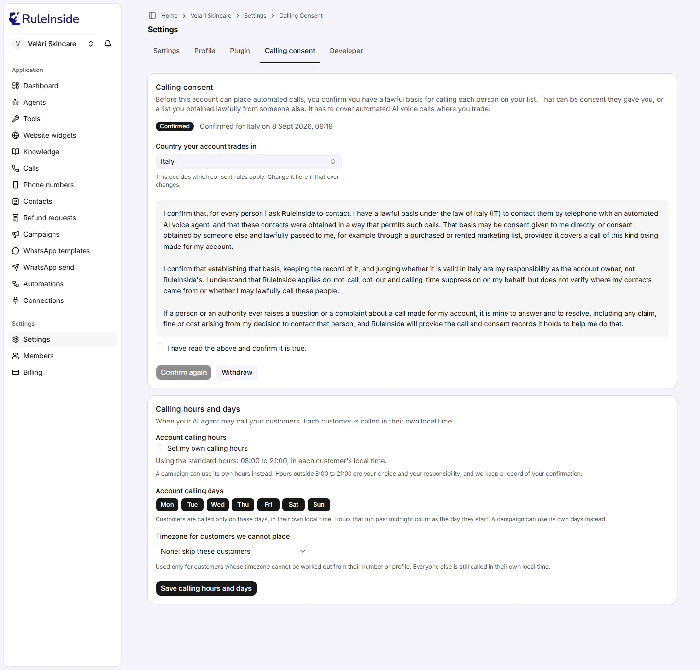 The Calling consent settings page