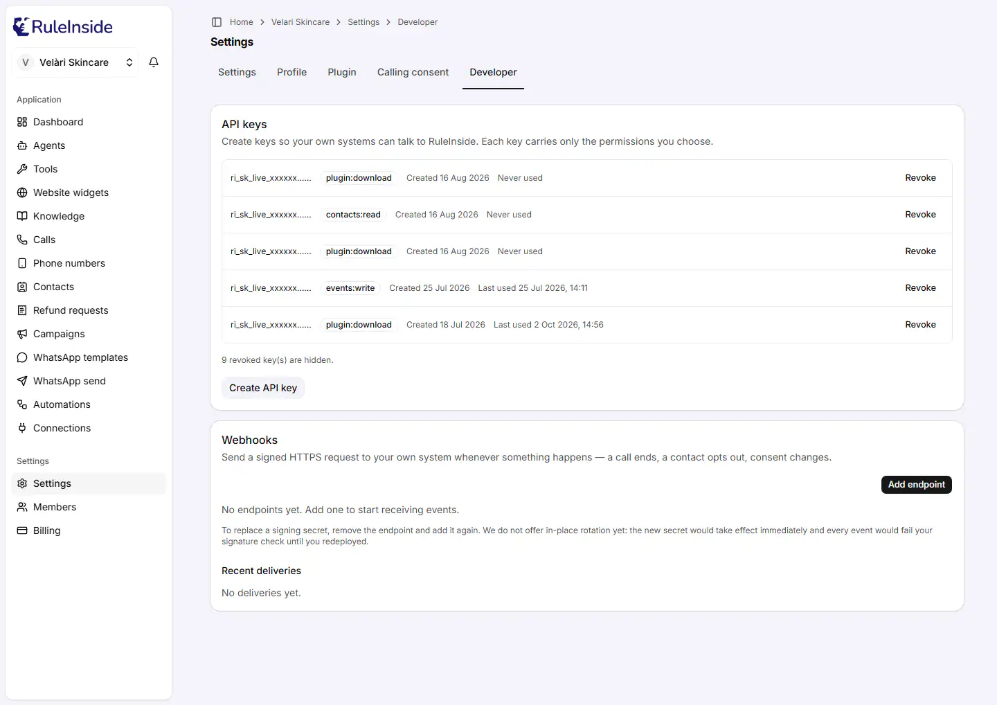 The Developer tab in Settings, with the API keys card and the Webhooks card