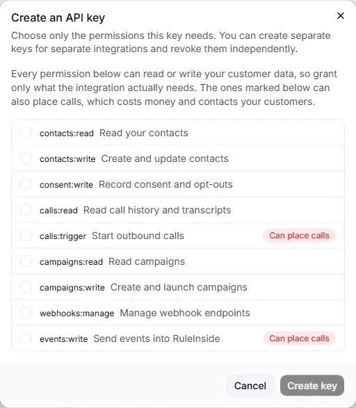 The Create an API key dialog with the list of permissions