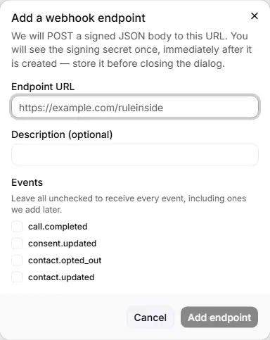 The Add a webhook endpoint dialog