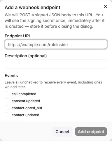 The Add a webhook endpoint dialog