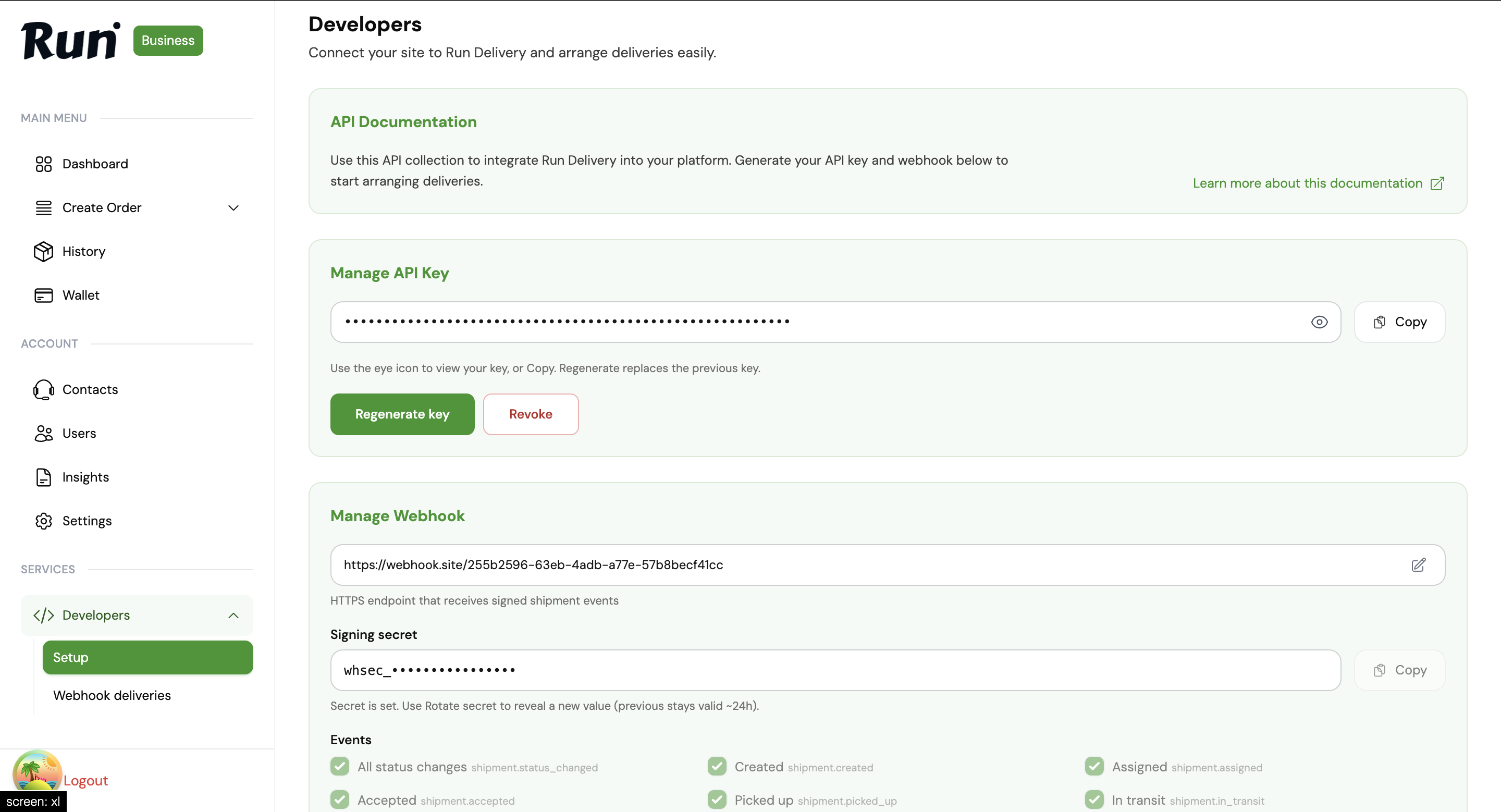 Manage API Key section in Run Business dashboard