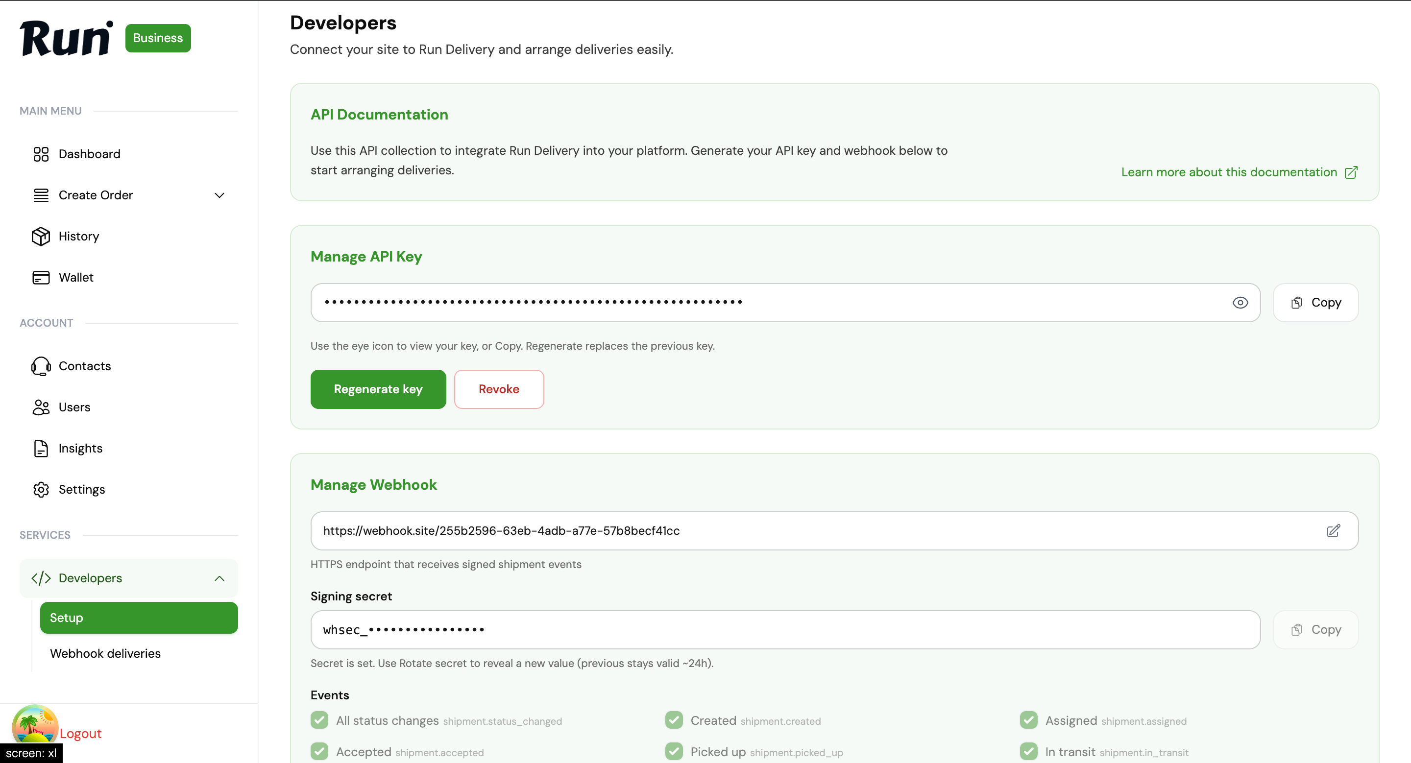 Manage API Key section in Run Business dashboard