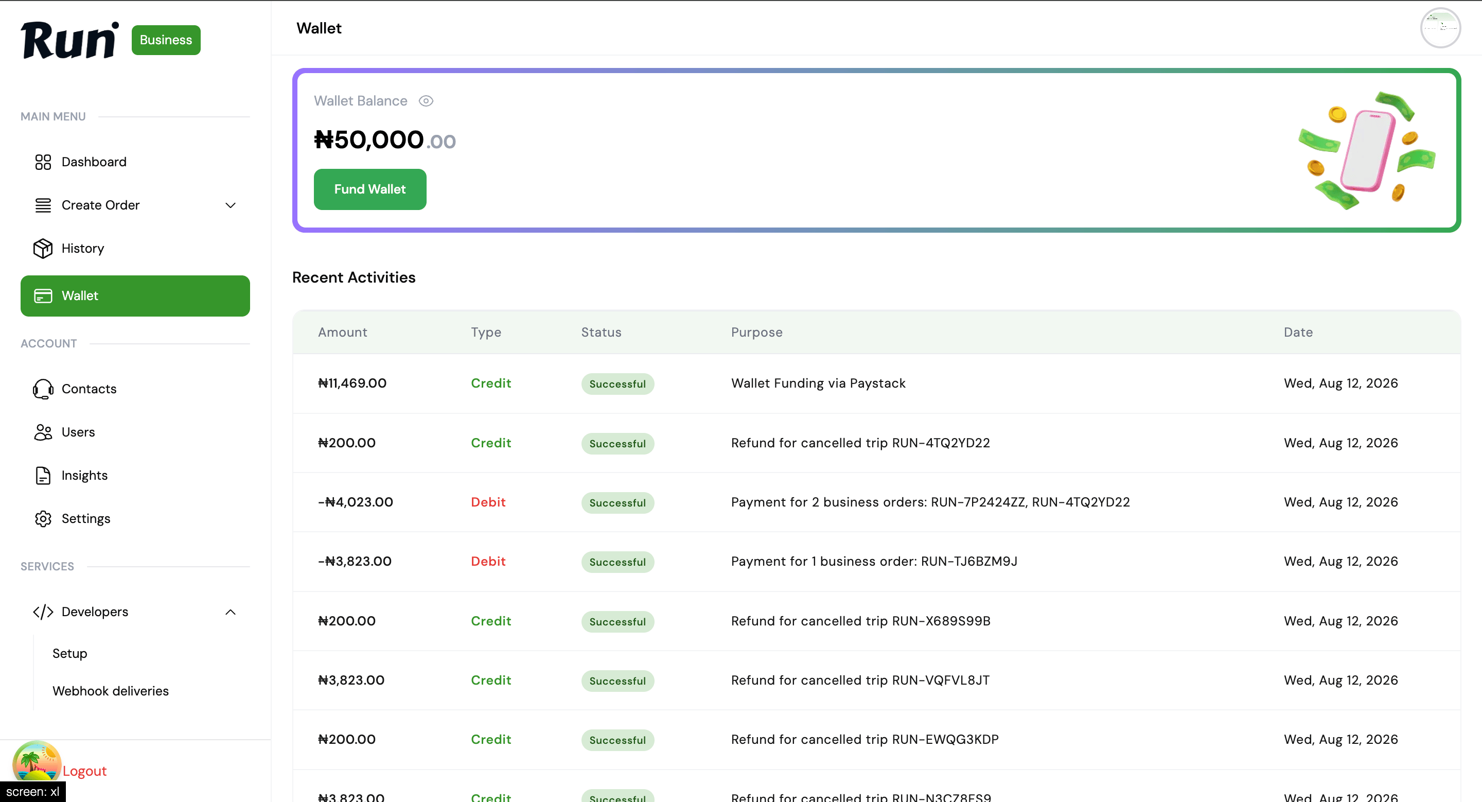 Run Business Wallet page showing balance and Fund Wallet