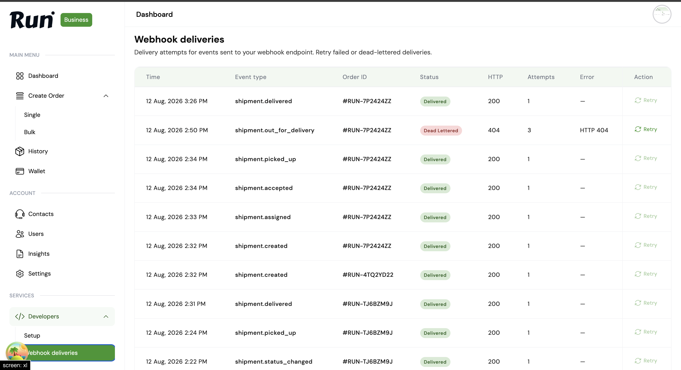 Run Business Webhook deliveries table with event types, HTTP status, and Retry