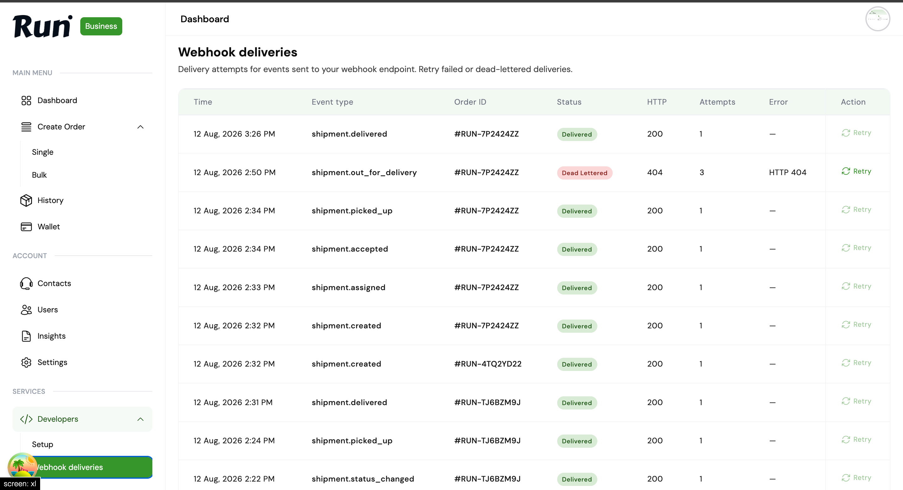 Run Business Webhook deliveries table with event types, HTTP status, and Retry