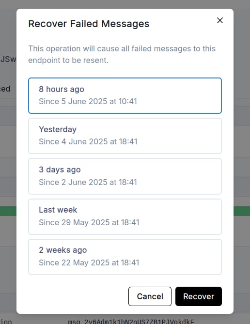 Screenshot of the recover failed messages form