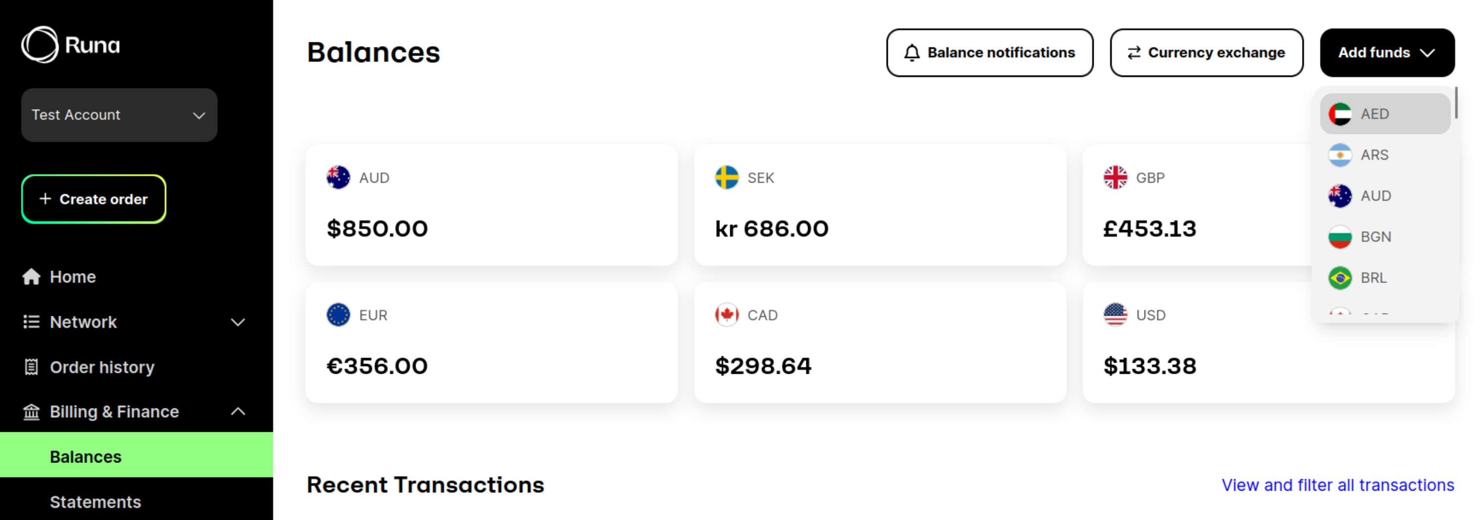 Screenshot of the 'Add Funds' button on the Billing & Finance
page