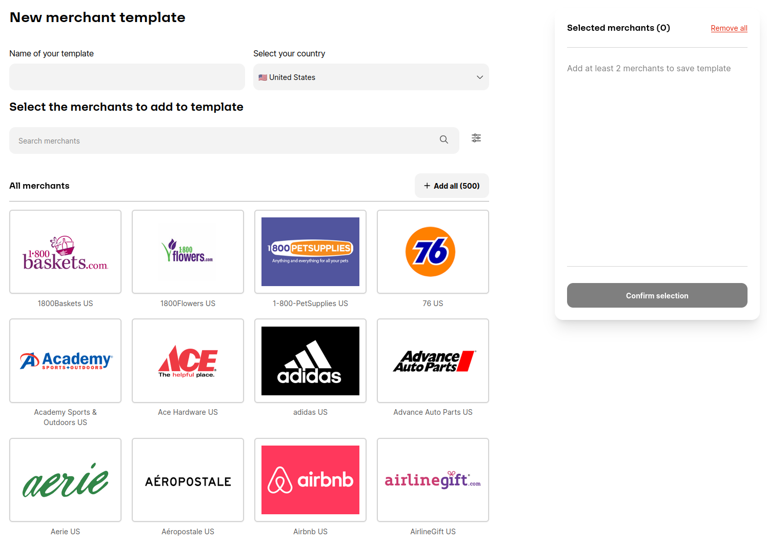 Merchant selection template