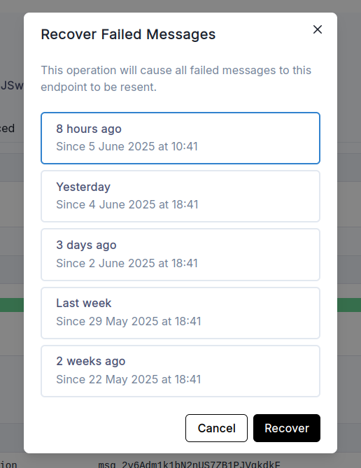 Screenshot of the recover failed messages form