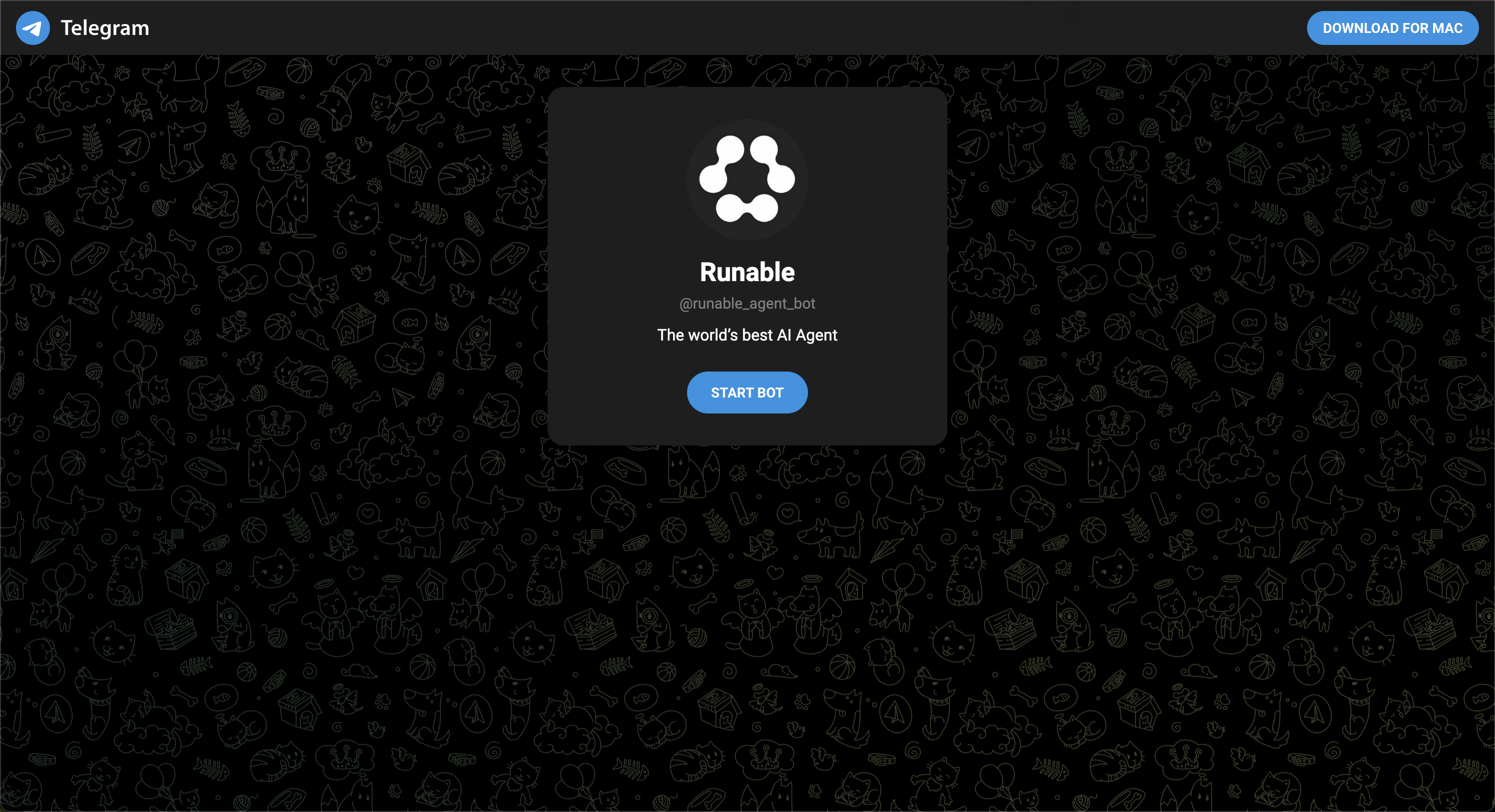 Telegram chat showing a welcome message from the Runable bot confirming the connection is active