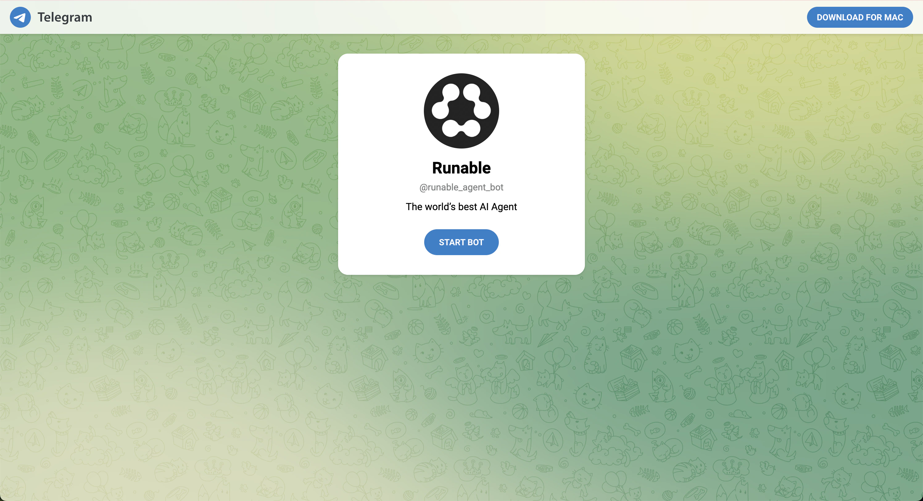 Telegram chat showing a welcome message from the Runable bot confirming the connection is active