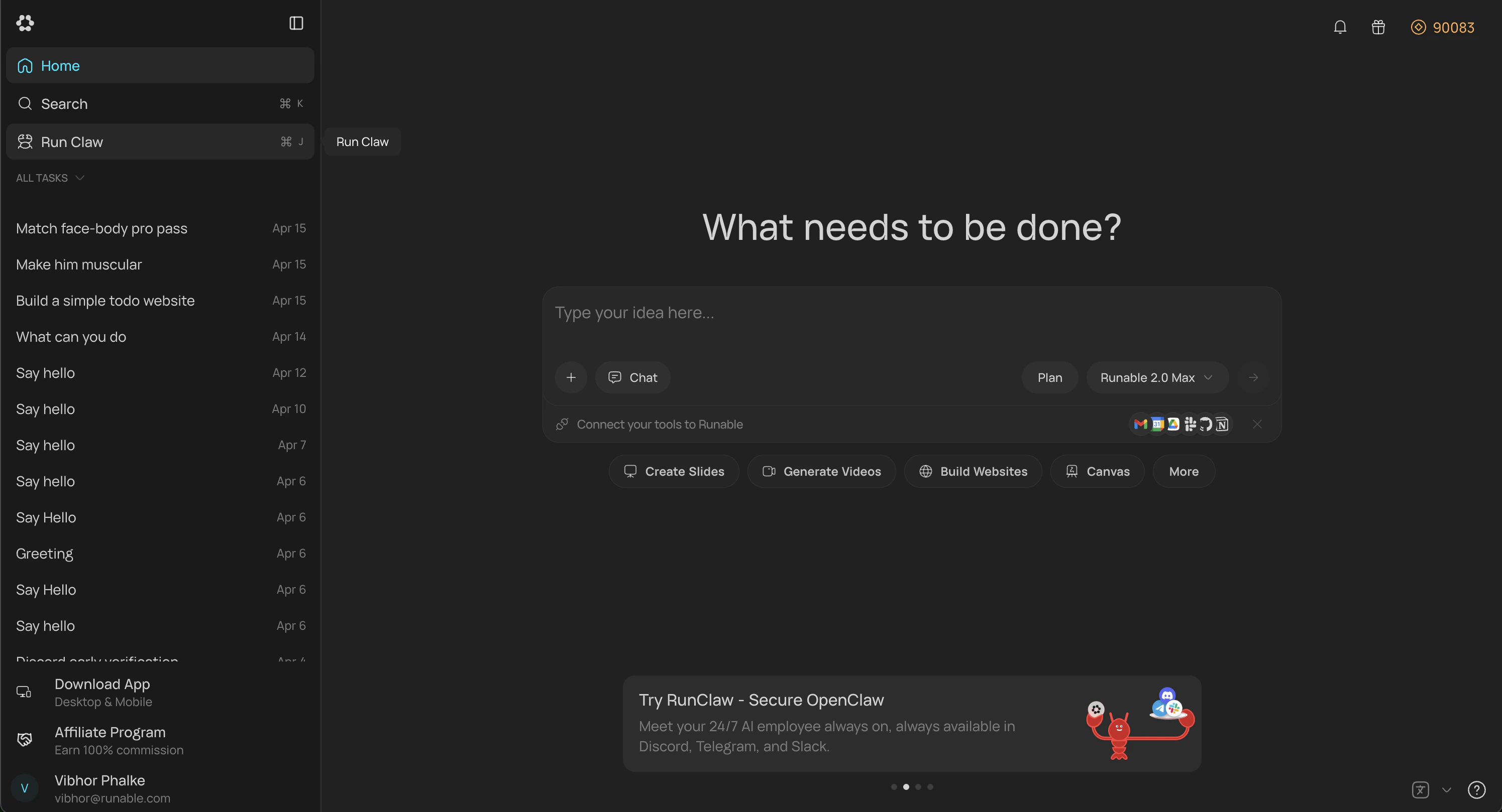 Runable sidebar showing the Settings option in the profile menu
