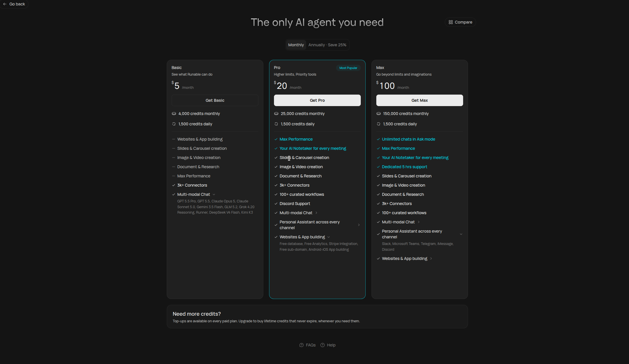 Runable pricing page with Basic, Pro, and Max plans displayed side by side
