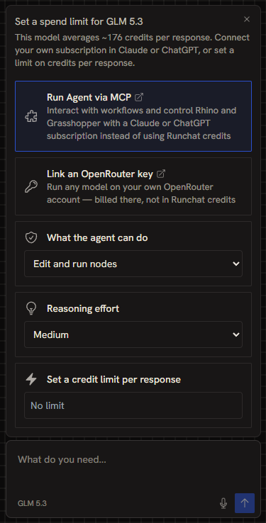 The model settings card above the chat input, with MCP and OpenRouter options, permissions, reasoning effort and a credit limit
