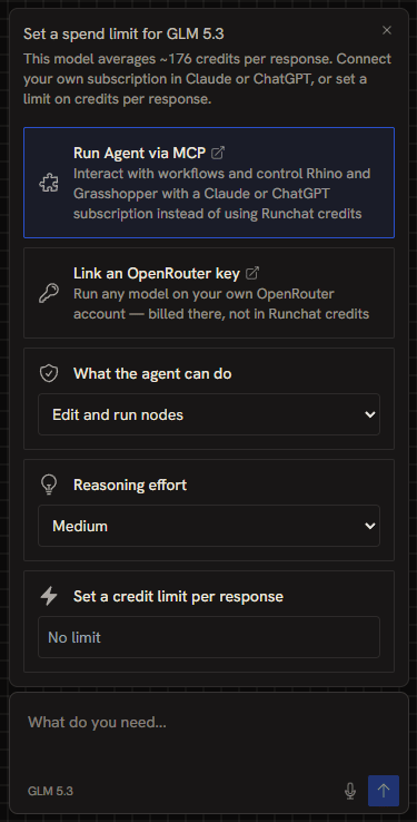 The model settings card above the chat input, with MCP and OpenRouter options, permissions, reasoning effort and a credit limit