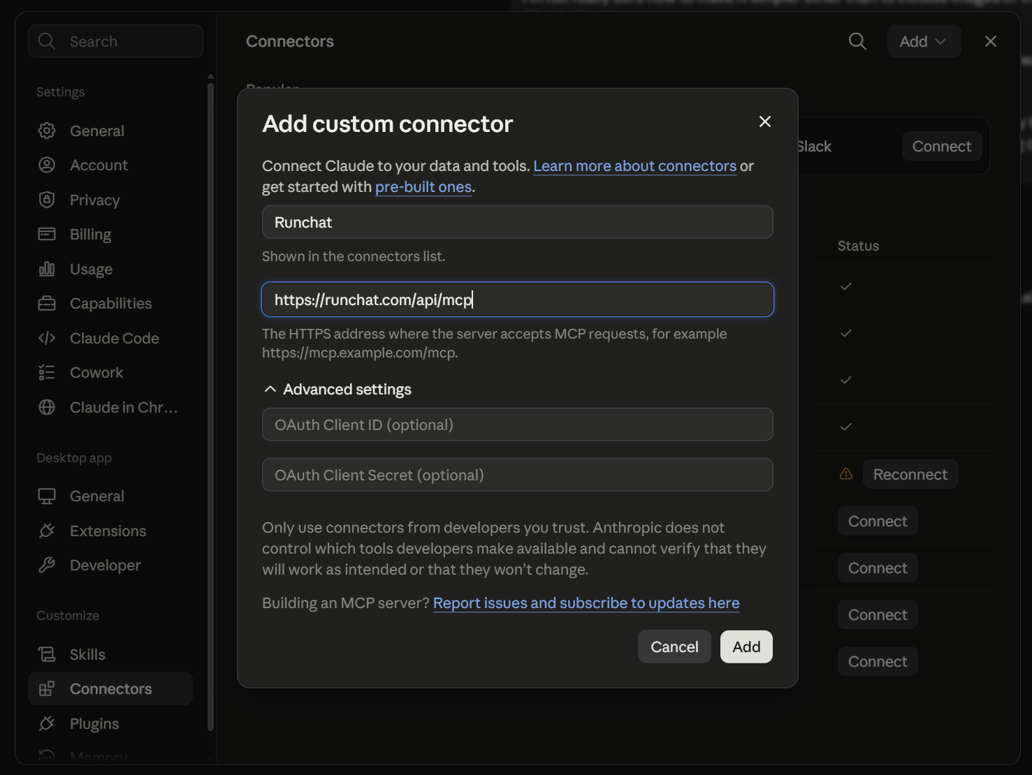 The Connectors settings page with the Add dropdown open, showing Browse connectors and Add custom connector