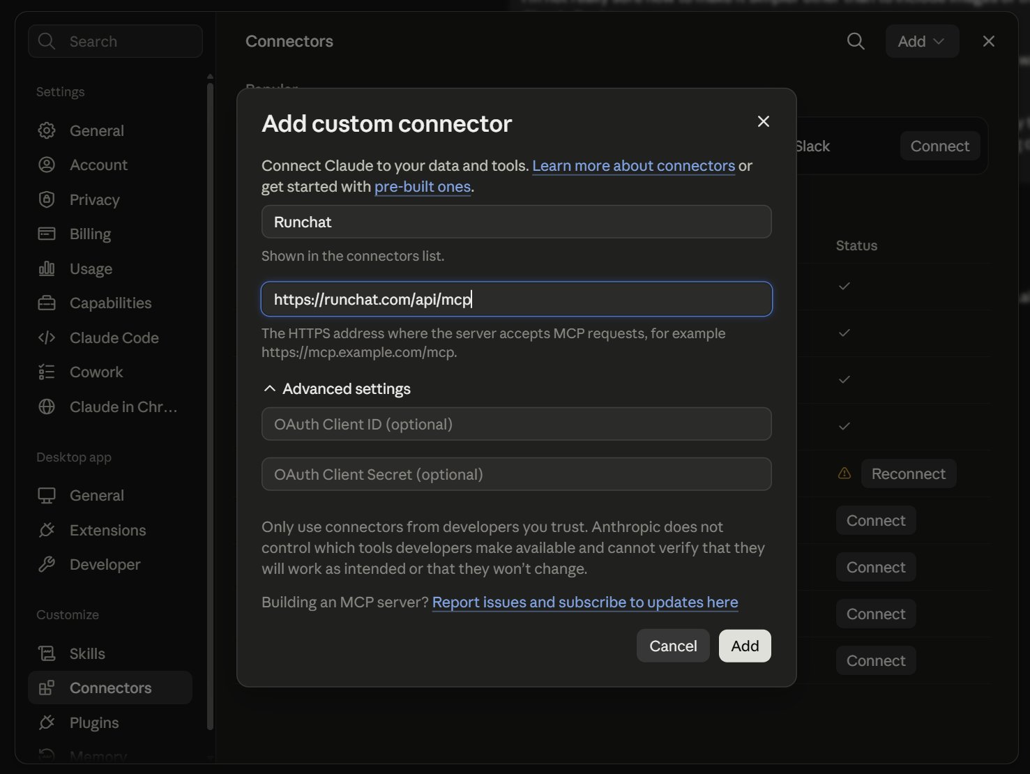 The Connectors settings page with the Add dropdown open, showing Browse connectors and Add custom connector