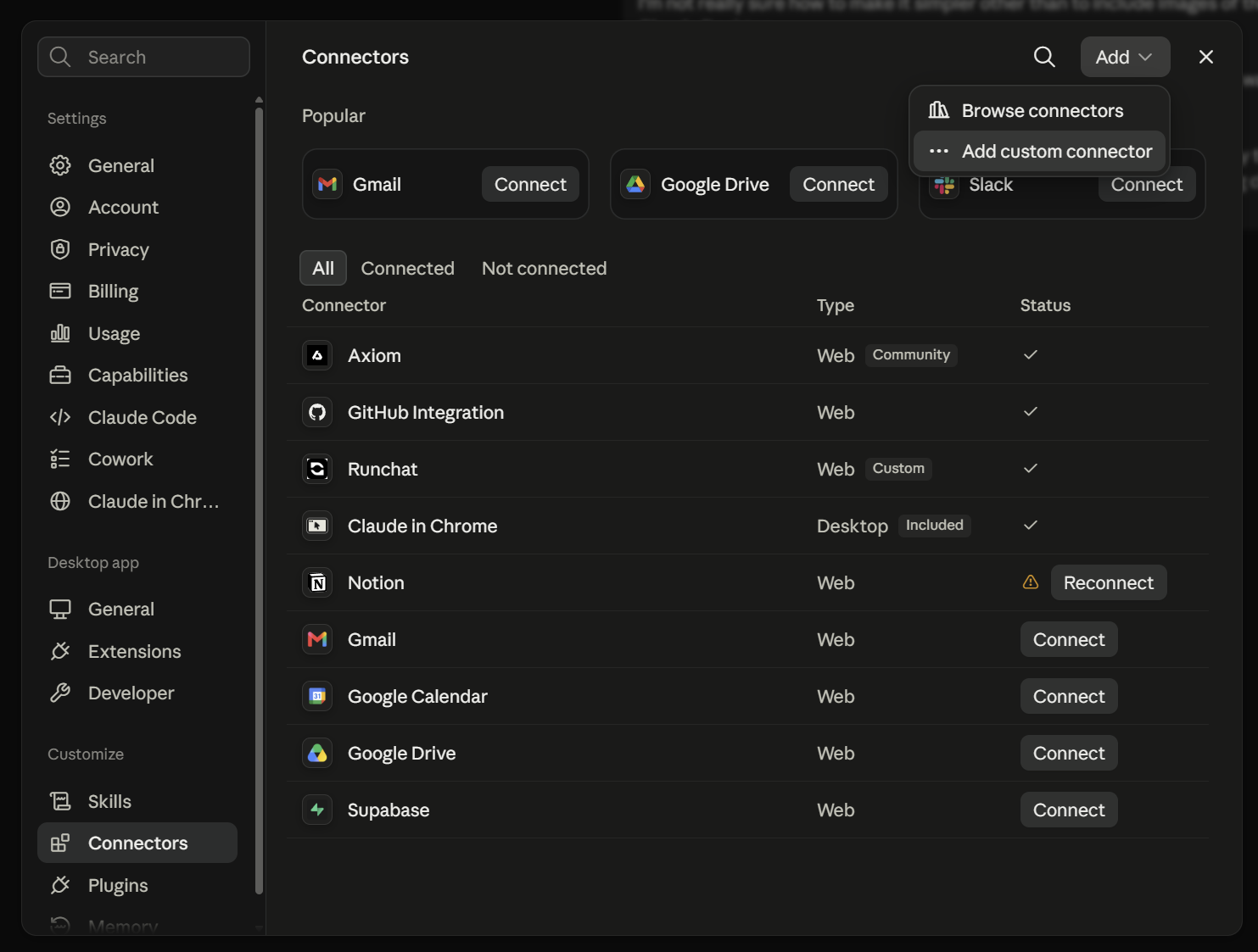 The Add custom connector dialog filled in with the name Runchat and the URL https://runchat.com/api/mcp
