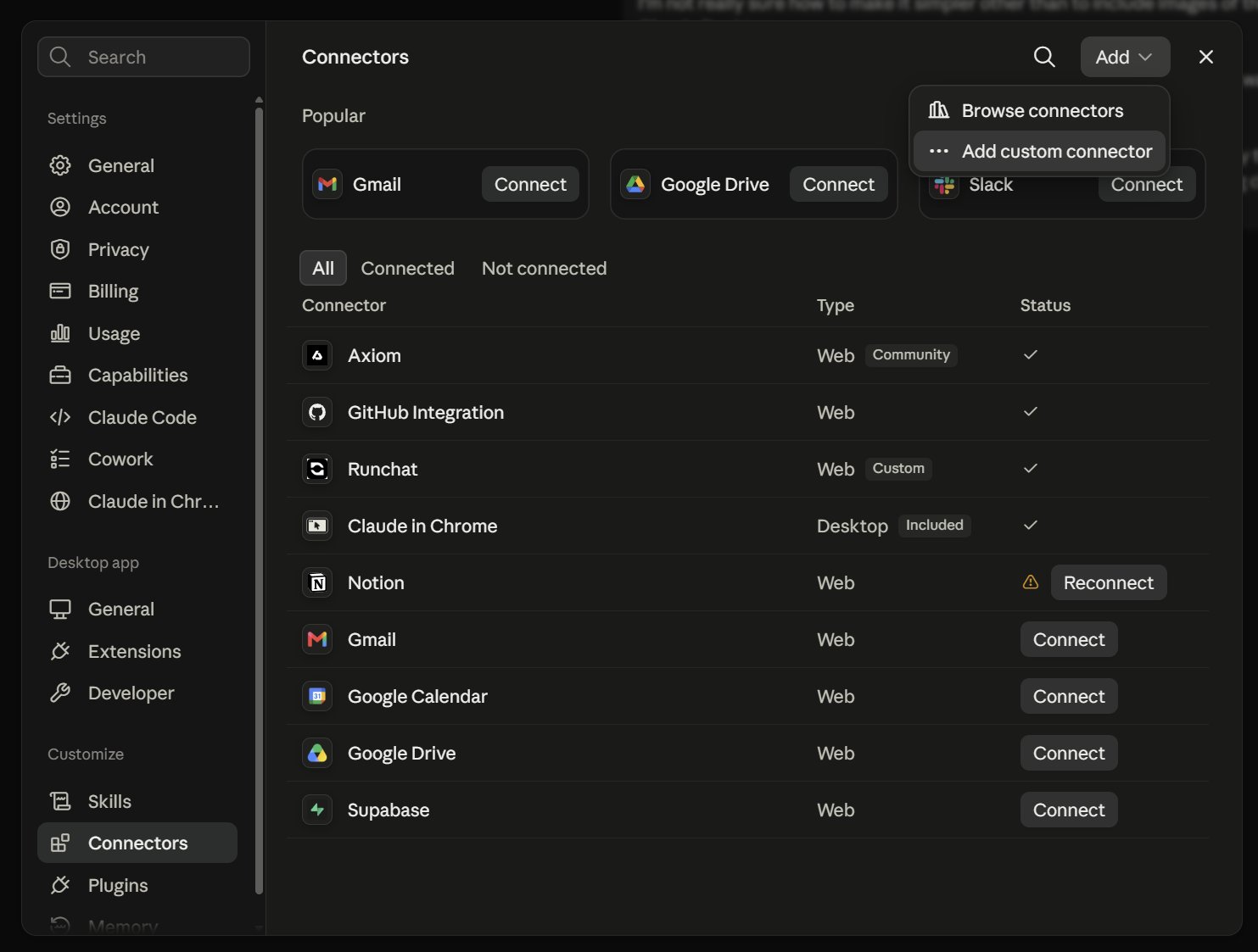 The Add custom connector dialog filled in with the name Runchat and the URL https://runchat.com/api/mcp