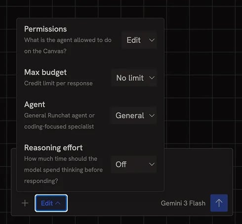 The chat settings panel showing the permission toggle, budget, and reasoning controls