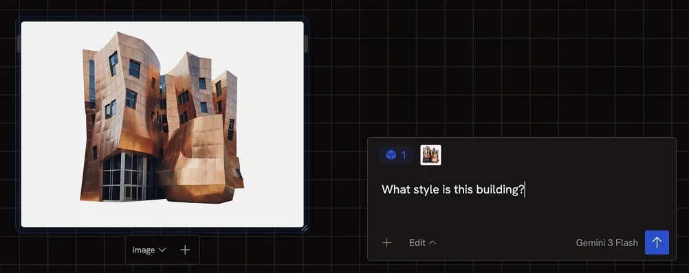The chat input with selected canvas image nodes attached as thumbnails