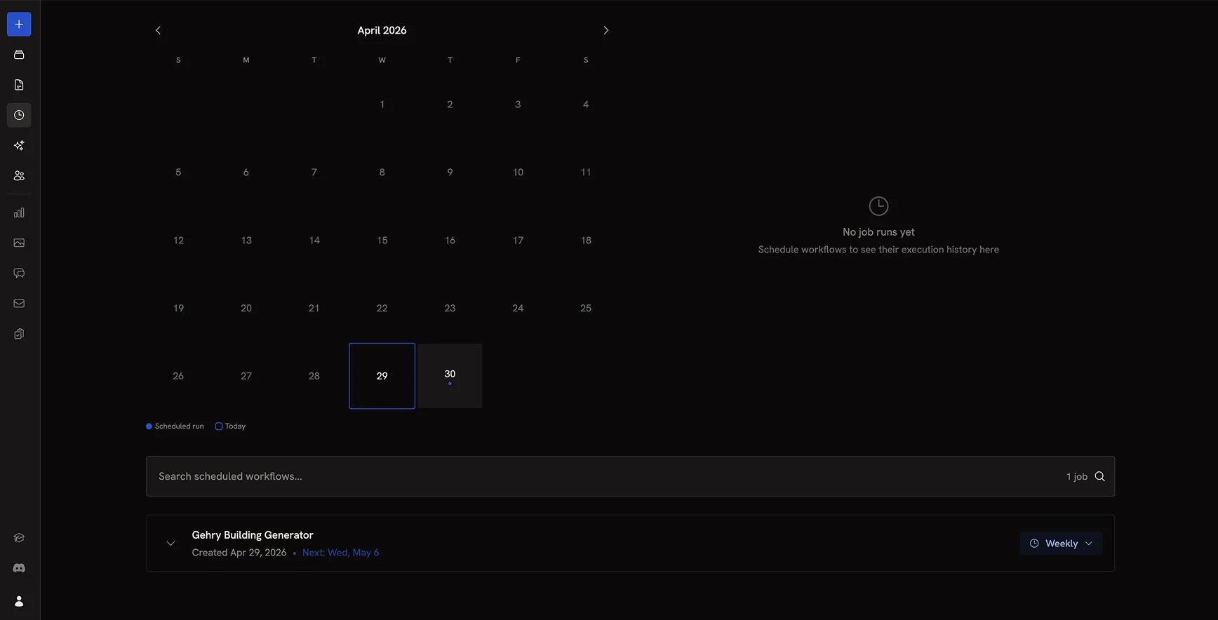 The Tasks dashboard showing a calendar of upcoming scheduled runs and a list of scheduled workflows