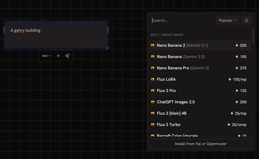 The canvas search opened from a double-click on the canvas