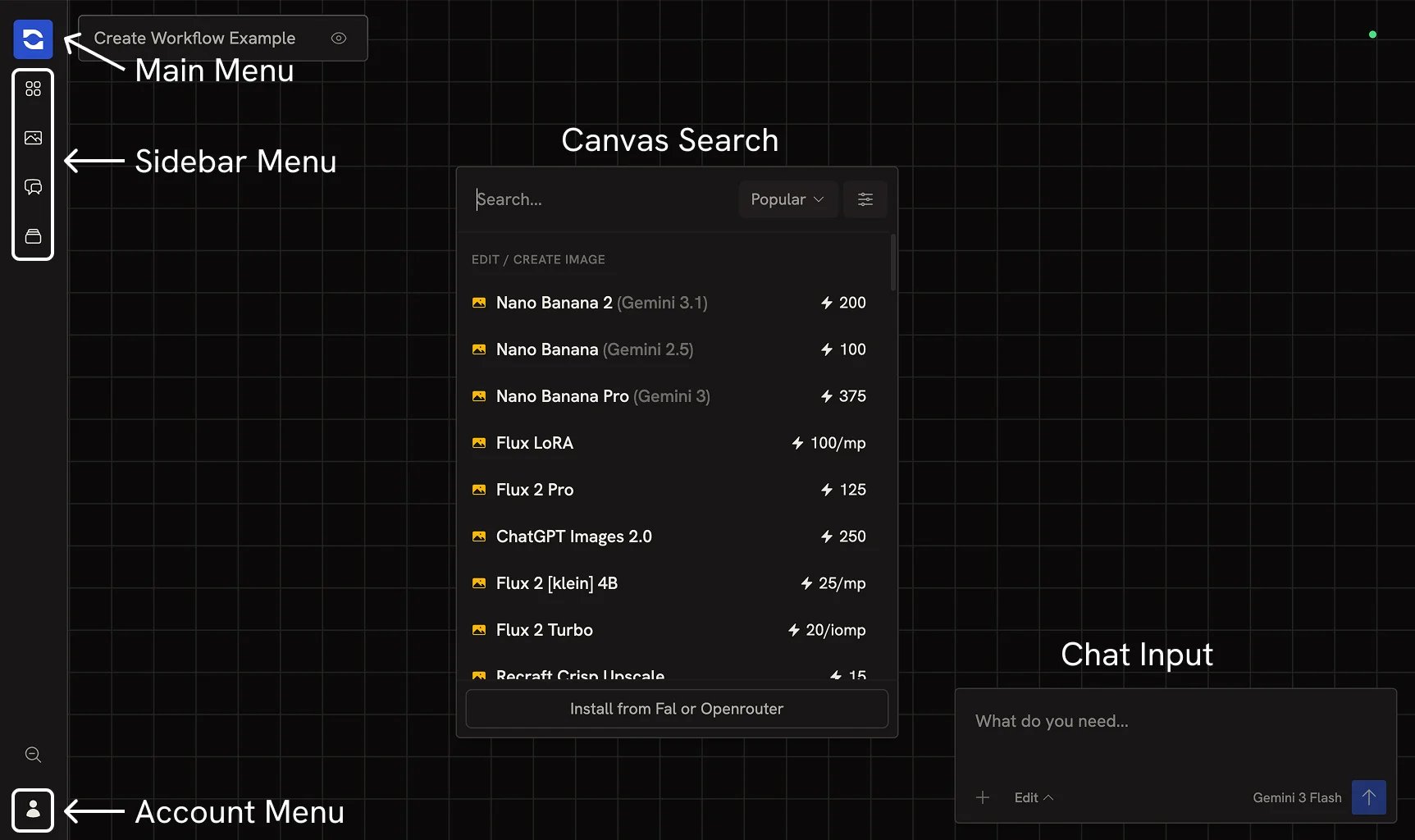 The Runchat editor showing the main menu, sidebar, canvas, and chat input