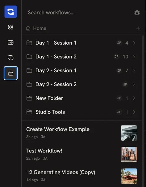 The Workflows panel showing folders and the right-click context menu
