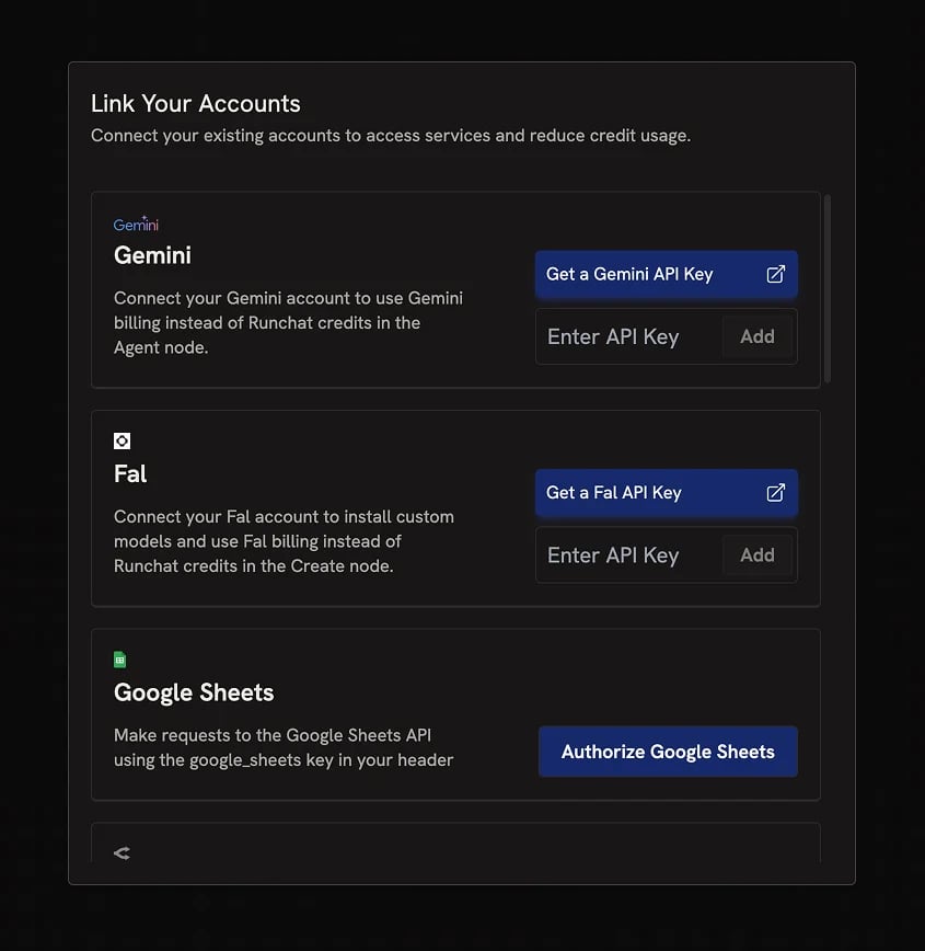 The Link Accounts menu showing integration cards for Fal, OpenRouter, Gemini, and other providers