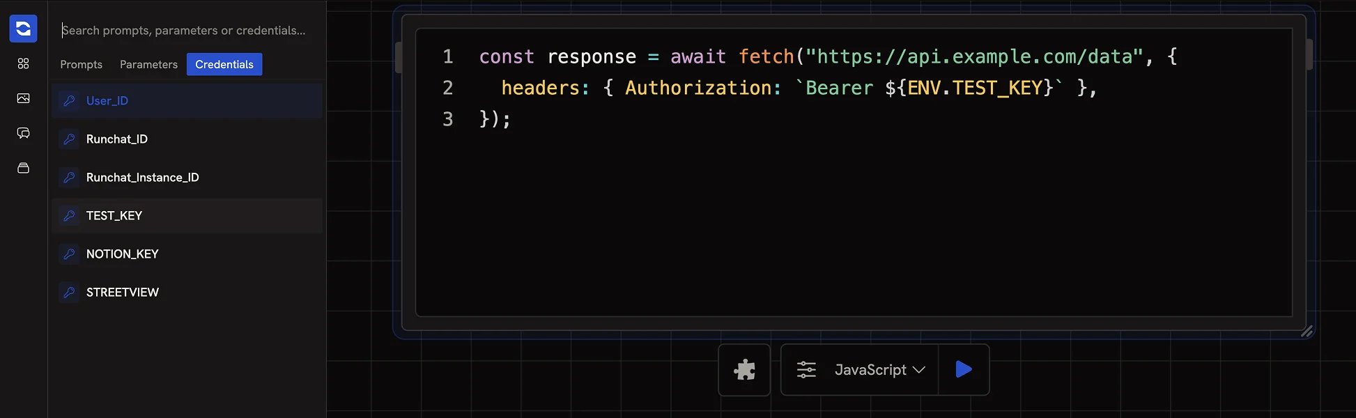 The ENV. autocomplete dropdown in a Code node showing available credentials and global variables