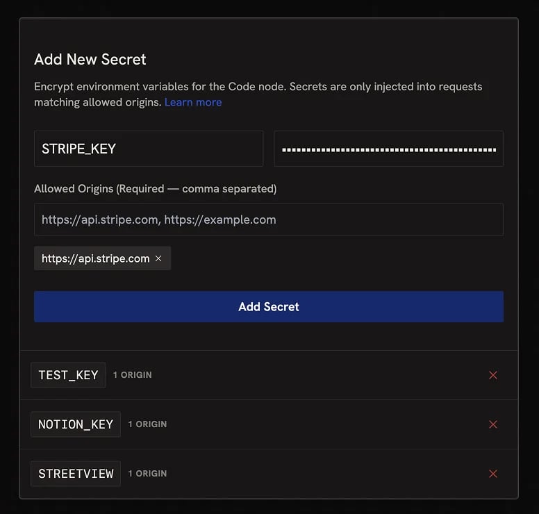 The Secrets section of the account menu with a credential being added