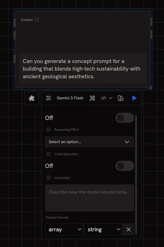 The Agent node config panel showing reasoning effort, code execution toggle, instruction field, and output format set to array of strings