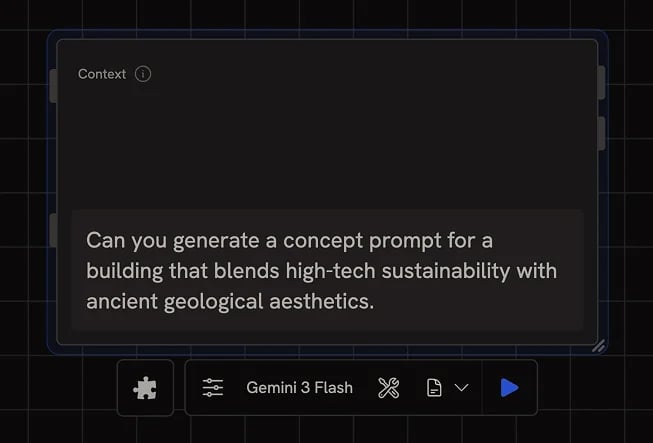 An Agent node with context input, prompt, and settings bar showing model, tools, and output format controls