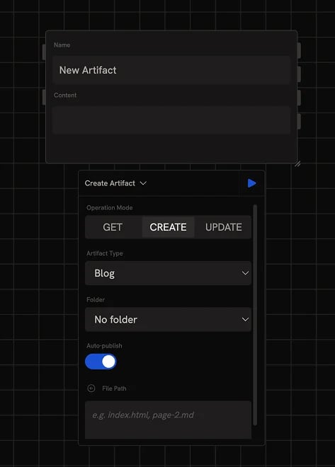 An Artifact node with its config panel open showing the Get/Create/Update mode buttons, Artifact Type dropdown, Folder picker, Auto-publish toggle, and File Path field