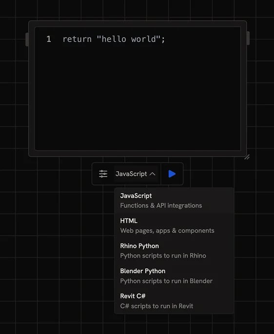 A Code node with the language selector dropdown open showing JavaScript, HTML, Rhino Python, Blender Python, and Revit C# options