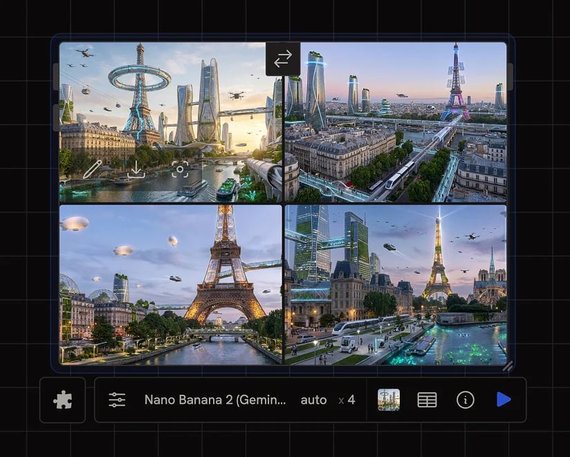 A Create node showing a 4-image grid output with edit, download, and lock-aspect hover icons