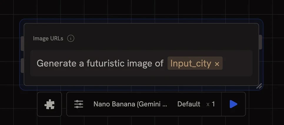 A Create node with a referenced parameter in the prompt and Nano Banana selected as the model