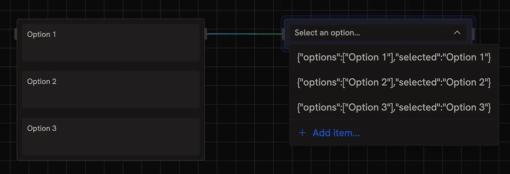 A Select input node with three options and the dropdown open showing the JSON output structure