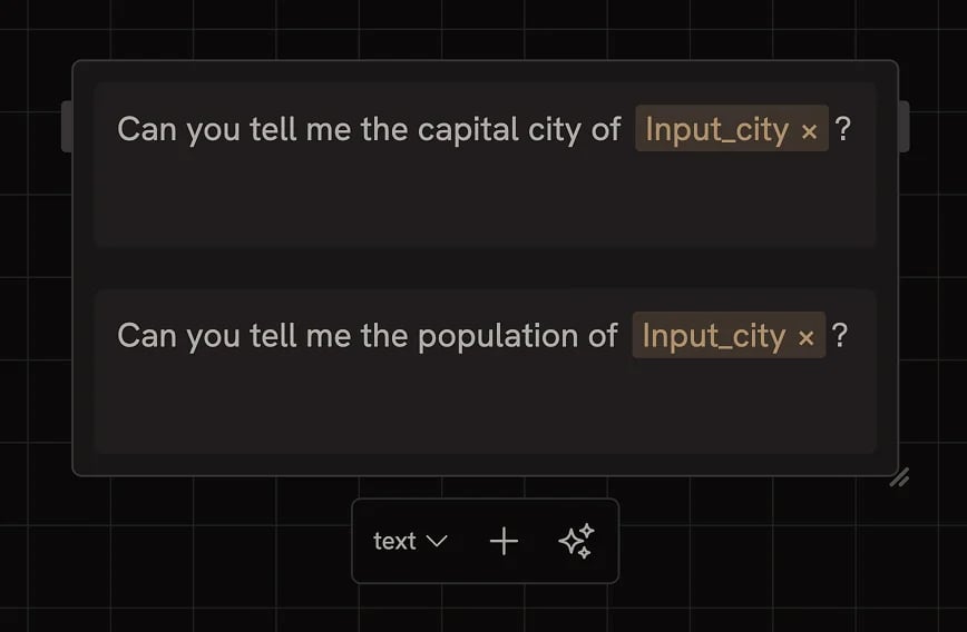 A Text input node with referenced parameters and the Sparkles button visible
