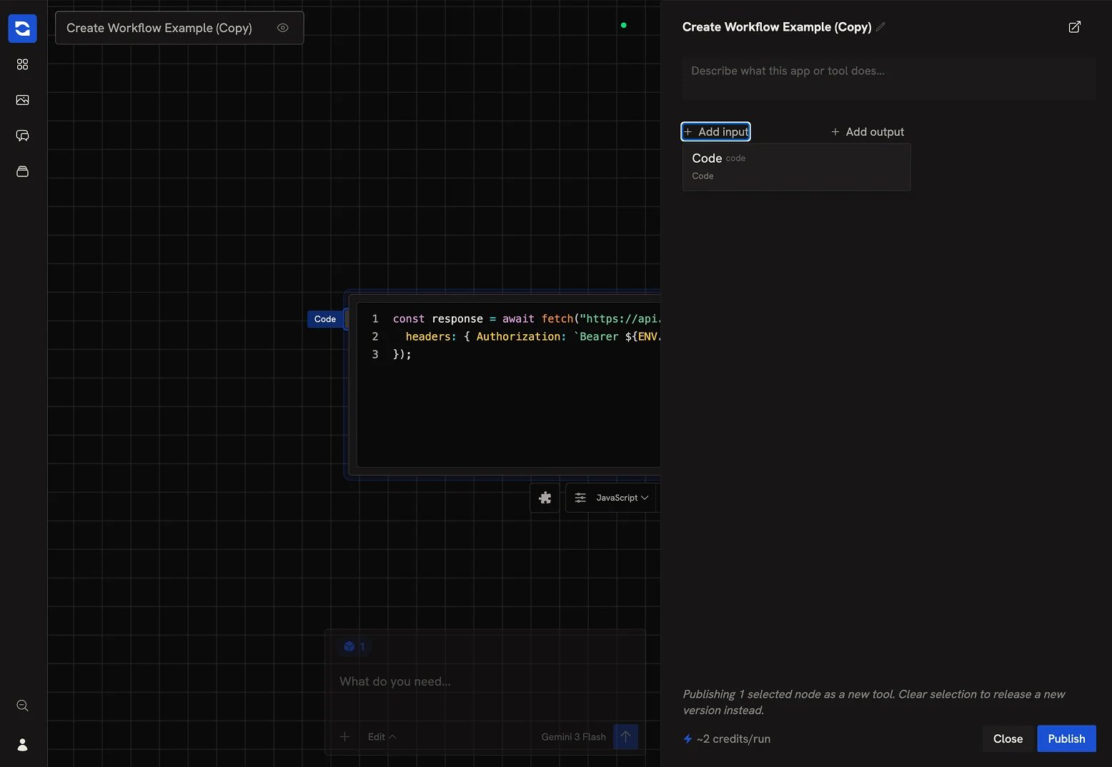 The App View sidebar showing input and output pickers and the Publish button