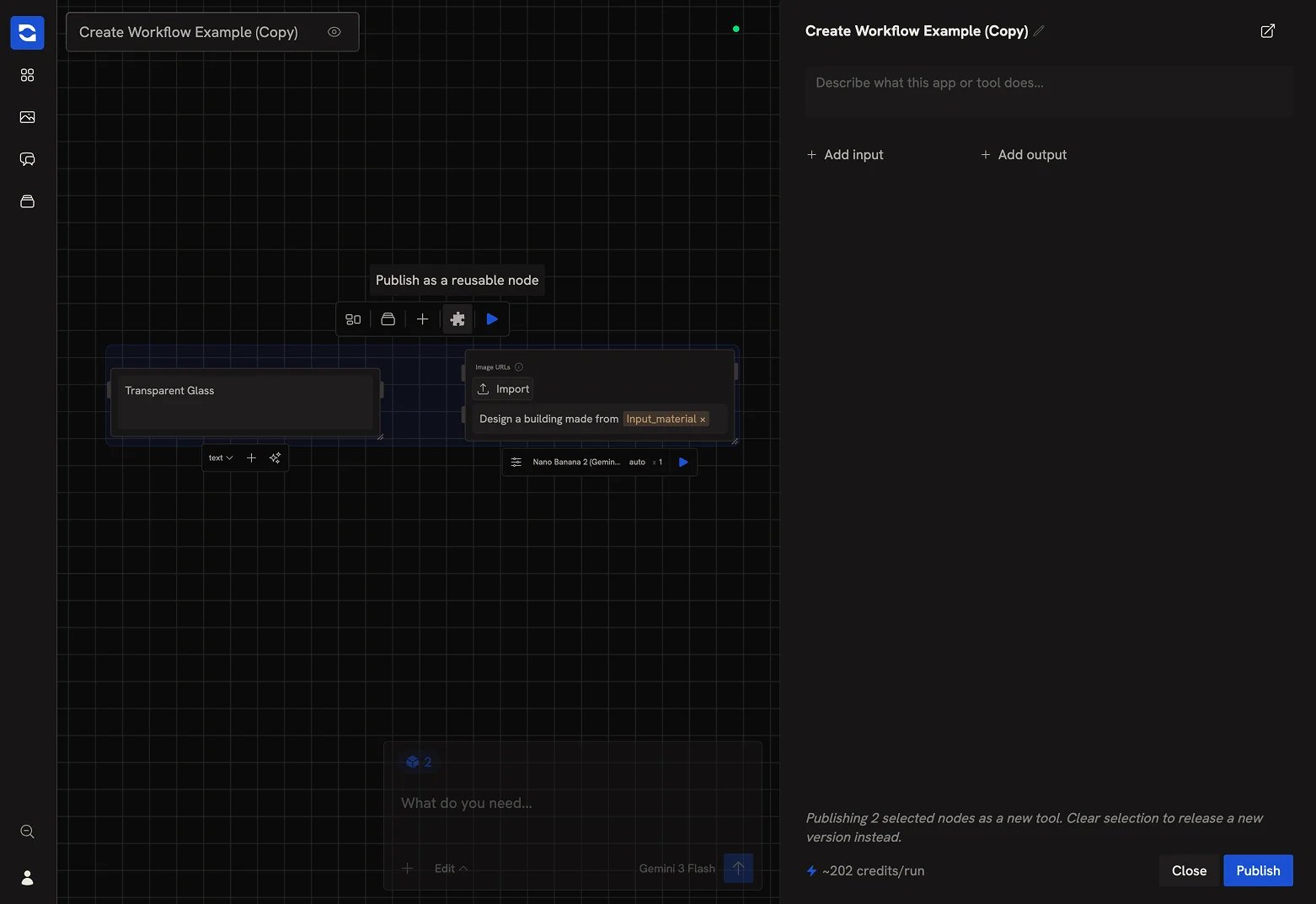 The app preview configured with selected inputs and outputs ready to publish as a Tool
