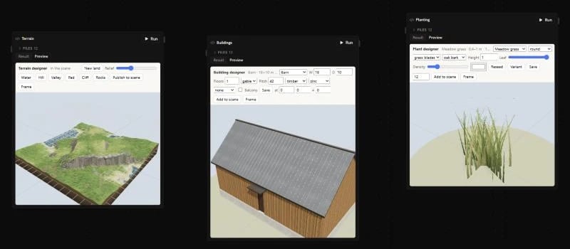 Terrain, building and plant designer apps on the canvas, each with an Add to scene button
