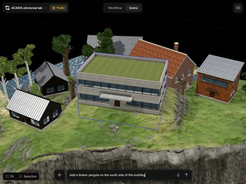 A building selected in the Scene view, outlined in blue, with a prompt in the chat about adding a pergola to it