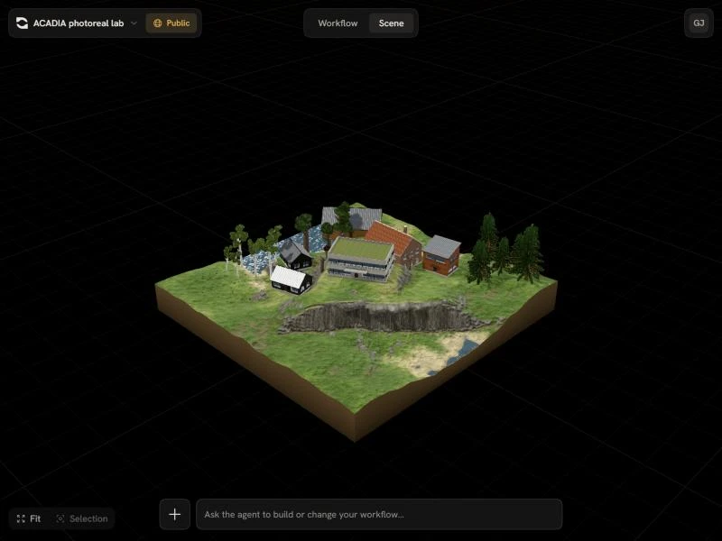 The Scene view showing a terrain with buildings, trees and a cliff assembled by several apps
