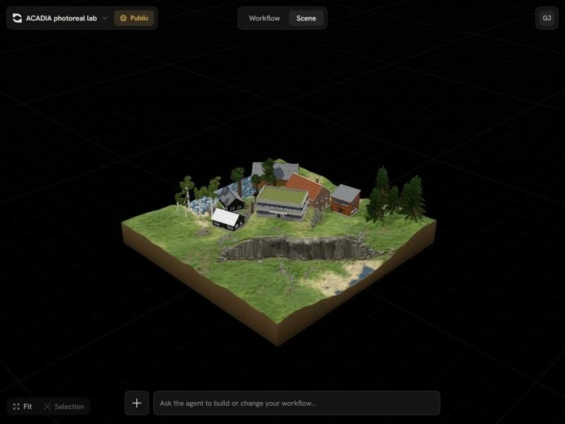 The Scene view showing a terrain with buildings, trees and a cliff assembled by several apps