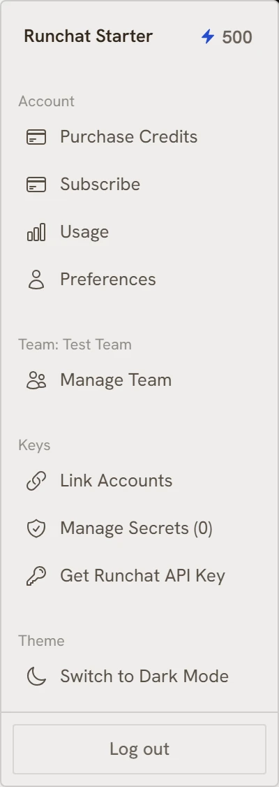 The account menu showing plan, credits, and links to billing, team, and key management